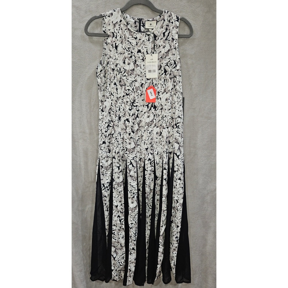Tuckernuck Midnight Garden Floral Pleated Midi Dress 6 Black White Sleeveless